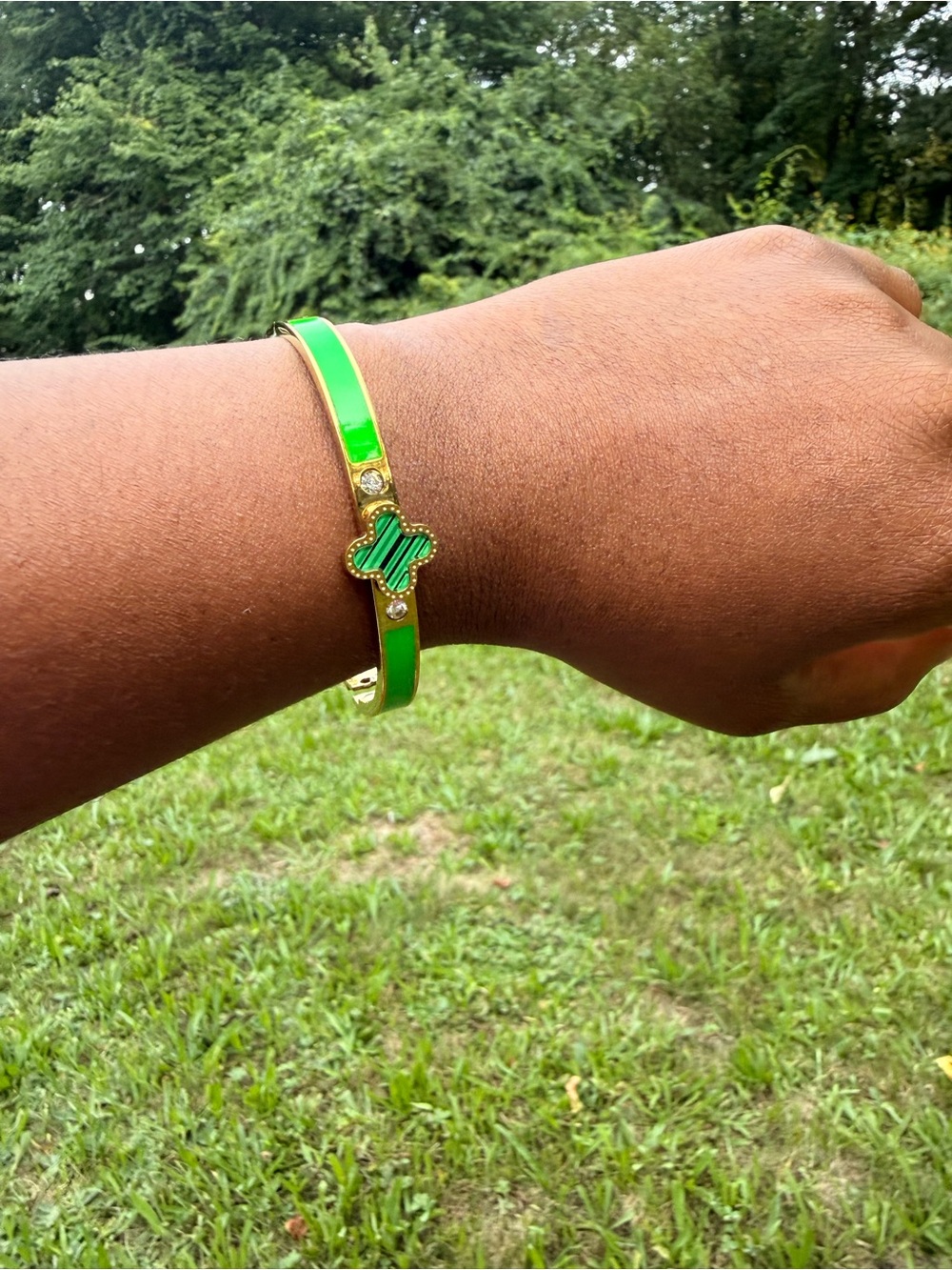 Gold-Plated Green Enamel Clover Bangle Bracelet